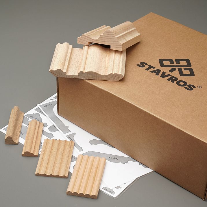 Fragment of the OMLD-005 set with samples of ribbed, decorative, and classic moldings made of solid wood