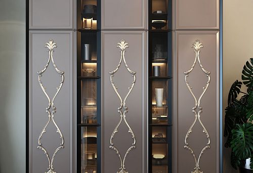 Solid wood wardrobe with decorative carving and display cases, modern interior          Ask ChatGPT
