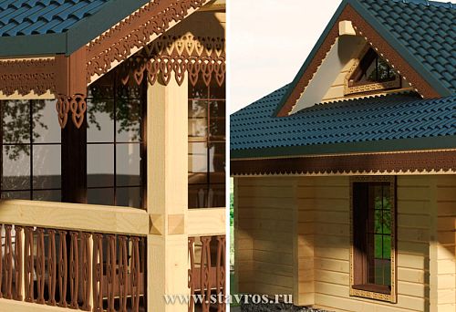 Decorative wooden gable with carved elements on the house facade