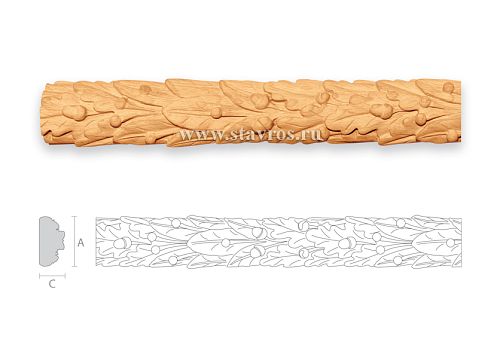 Carved wooden plank with oak leaf and acorn ornament for architectural framing