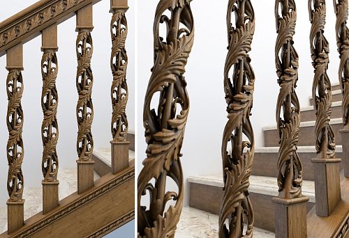 Carved wooden panels for stair railings with floral ornamentation