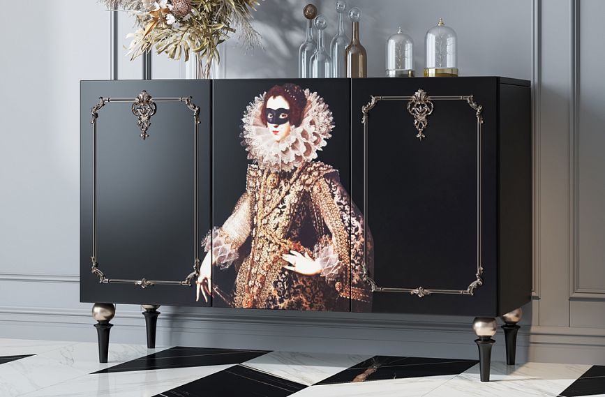 Decorating chest of drawers KMD-011 with moldings MLD-001, carved inserts MLD-1U-2 R/L and MLD-1-1, connecting insert N-398 and legs MN-217 in the interior.