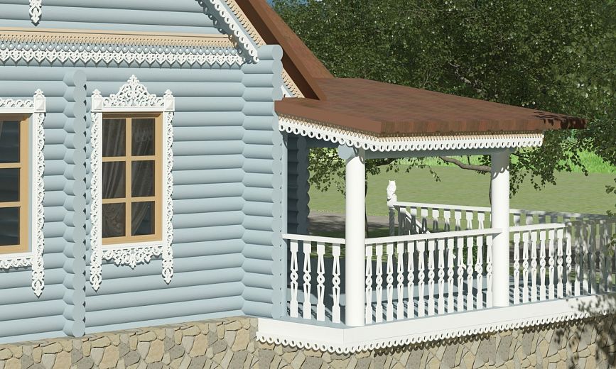 Facade decorative elements, including ornate window casings and patterned cornices.