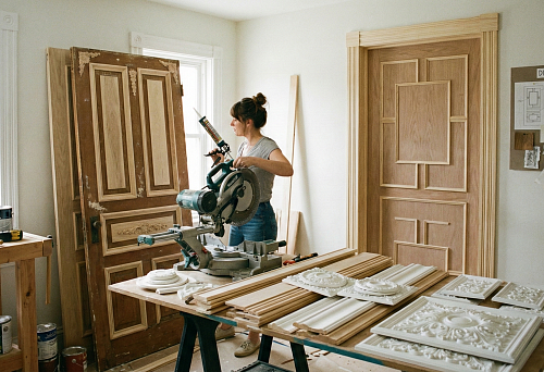 Старые и новые деревянные двери с декоративными панелями и обрамлением, подготовленные к обновлению.