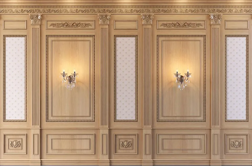 Classic wall panels with columns, carved decoration, gilded elements, and crystal chandeliers &mdash; a luxurious Baroque-style interior