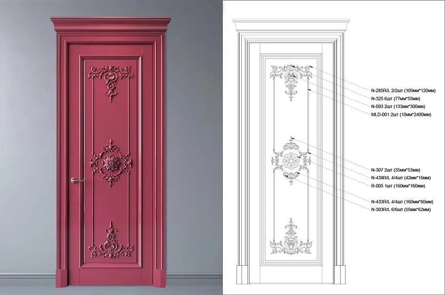 Classic burgundy door with carved decoration and technical drawing of decorative elements.