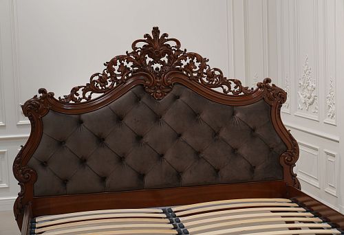 Designer bed with carving and elegant velvet decor