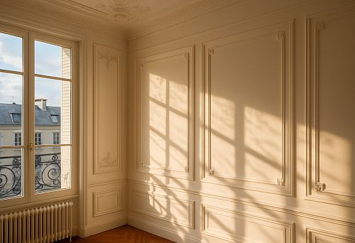 Interior of a Room with Classic Decorative Molding on Walls and Soft Sunlight from the Window