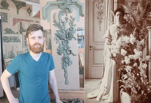 Decorative carving on a wooden door in a classical style