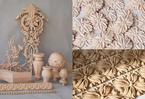 Close-up of Decorative Floral Appliqu&eacute;s Cut from Natural Wood