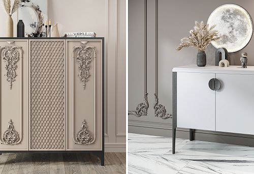 Elegant Classic Chest with Decorative Carving in Apartment Interior, Full-Service Furnishing