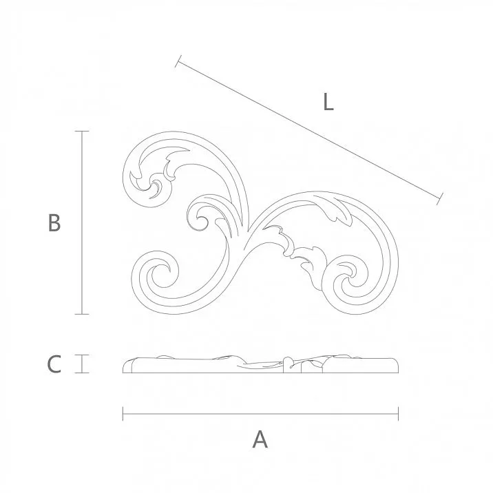 Wooden decorative element N-283R with carving in the form of a plant motif drawing