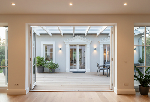 Интерьер с плинтусами МДФ и видом на фасад с сандриками над дверями