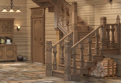 Interior in Russian folk style with carved wooden staircase and cabinet