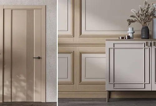 Wooden door with vertical lines and metal handle.