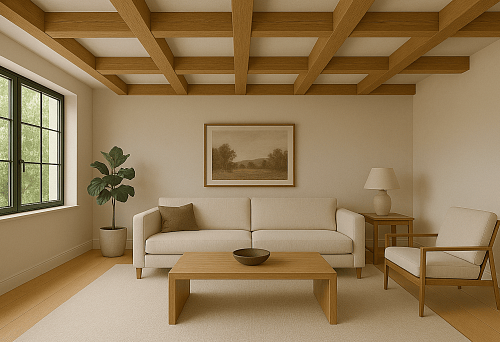 Modern living room with a ceiling decorated with wooden false beams in a grid pattern