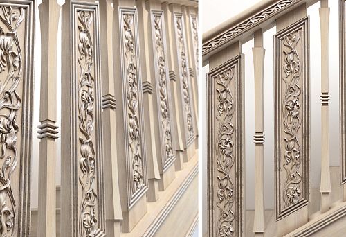 Light decorative balusters with floral carving &mdash; overall view of the staircase