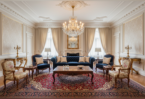 Classic solid wood furniture in interior with molding and chandelier