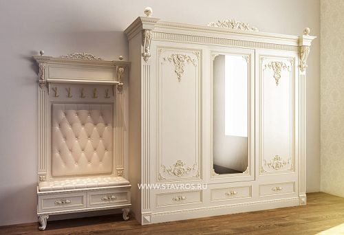 Classic hallway furniture set in light tones with carved decoration, large mirror wardrobe, and upholstered bench