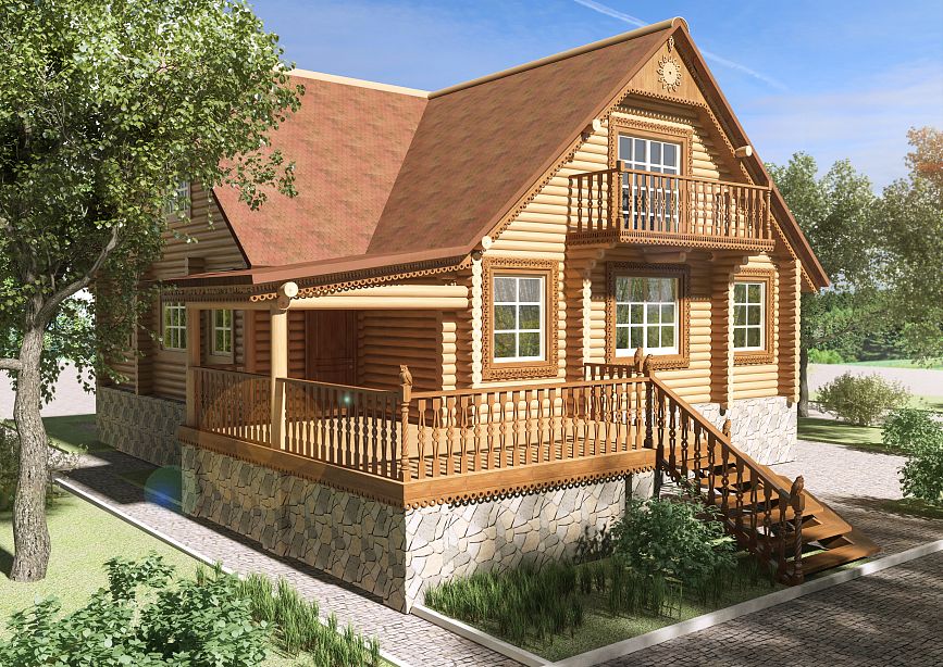 Wooden log house with carved casings and spacious terrace.