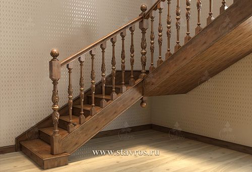 Staircase with Balusters from Plank and Carved Details in Classic Interior