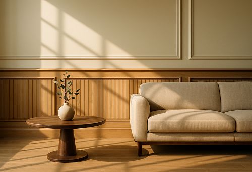 Modern interior with a beige sofa and round wooden table against a wall with decorative moldings