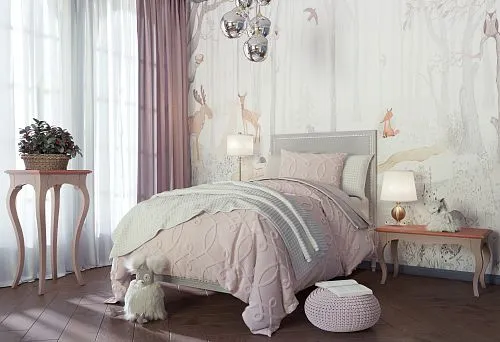 Cozy children's room with a solid wood bed in pastel tones