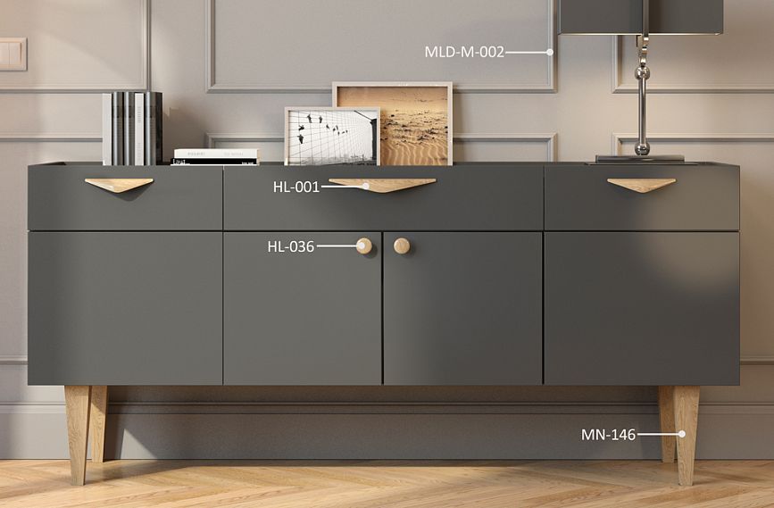 Dresser KMD-040 with elegant legs MN-146 and two handle styles HL-036 and HL-001 in the hallway interior.