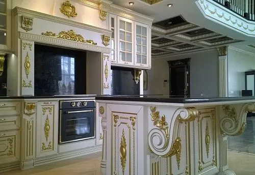 Kitchen interior in baroque style with exquisite decorative elements