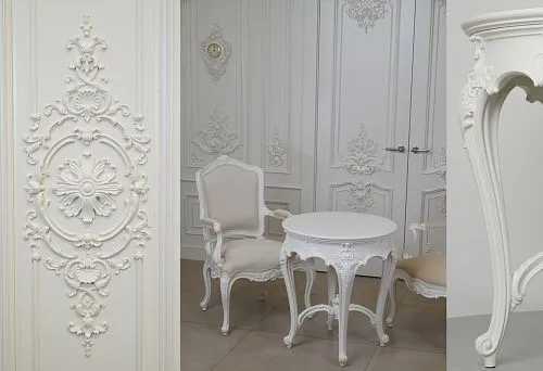 White Round Table and Elegant Upholstered Chairs in a Bright Classic Living Room