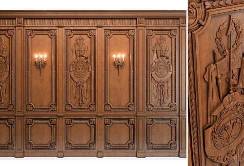 Wooden carved panel with classic ornament and symbolic elements in interior design.