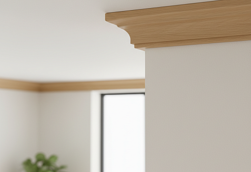 Solid wood ceiling cornice with deep carved ornament and precise joint fitting