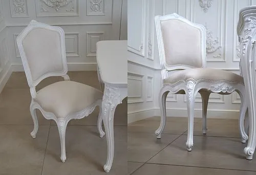Carved decoration of a wooden kitchen chair in classic style.