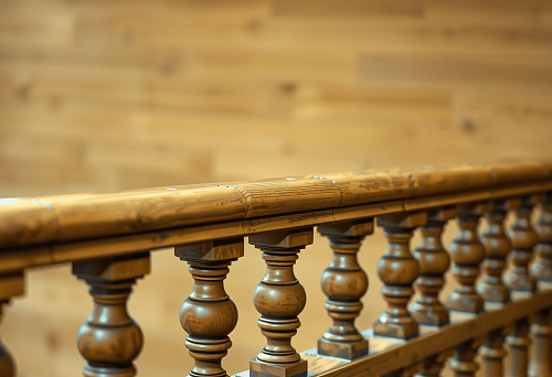 Detailed image of wooden balusters on a staircase railing in a modern interior