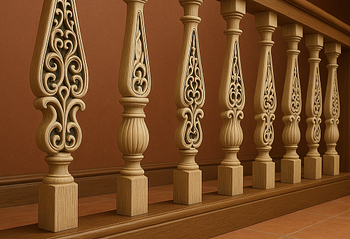 Carved wooden balusters with openwork patterns on staircase railing