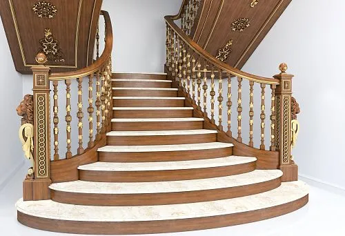 Luxurious wooden staircase with carved balusters, gilded elements, and marble steps