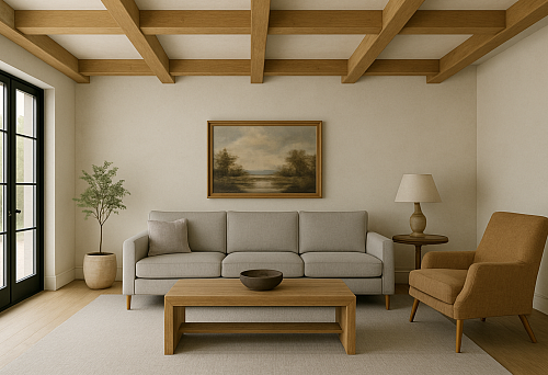 Modern living room with L-shaped wooden false ceiling beams, gray sofa, brown armchair, wooden side table, and wall painting