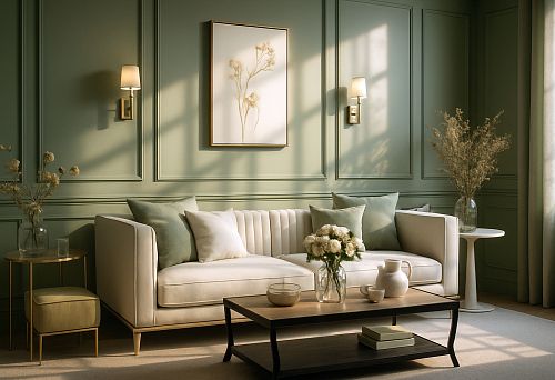 Stylish living room with a light-colored soft sofa, decorative cushions, and a coffee table