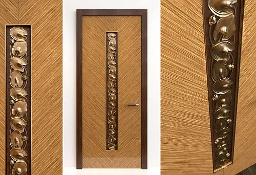 Solid wood door with decorative insert and embossing