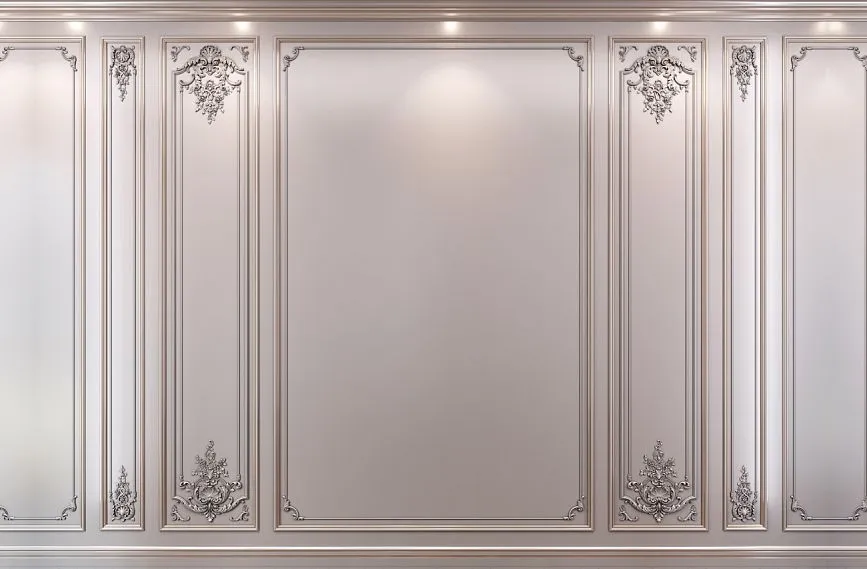 Interior with wall panels INT-025. Decorative elements made of natural wood, carved appliqu&eacute;s