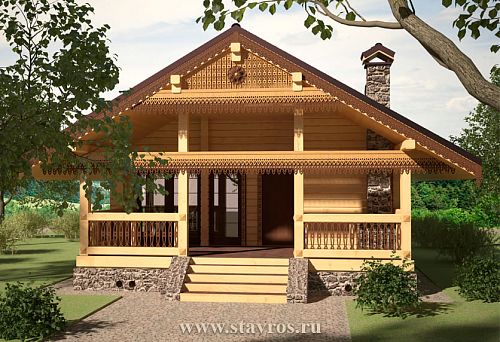 Wooden house with decorative carved facade ornaments