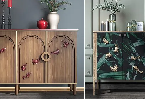 Original cabinet with wooden doors and volumetric red decorative elements.