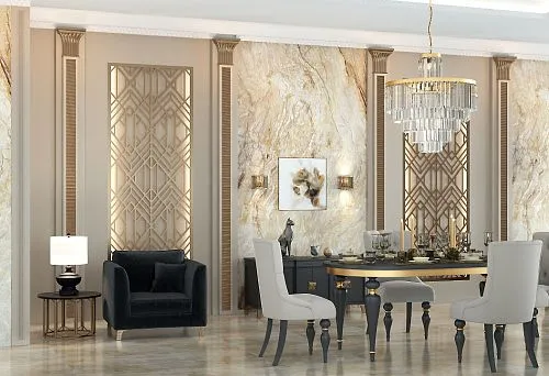 Designer chairs with wooden legs in a stylish dining area