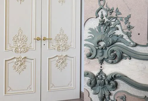 Process of creating carved door decoration with classic patterns in the workshop.