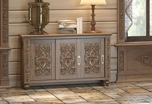 Russian Style Interior with Carved Wooden Dresser and Samovar