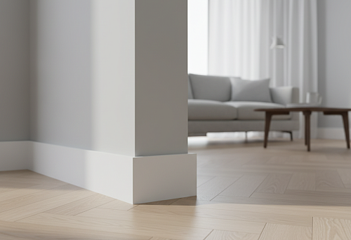 Полистирольный напольный плинтус в современном интерьере светлой гостиной