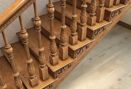 Wooden Balusters with Carving, Securely Mounted on the Staircase,