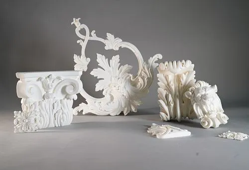 Polyurethane decorative elements for furniture, including capitals, curved ornament with floral pattern