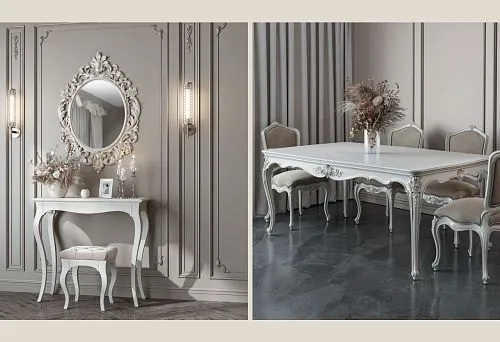 Elegant carved furniture in the kitchen interior.