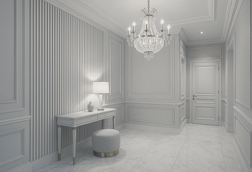 Interior with MDF strips 40&times;40 on the wall in a bright hallway